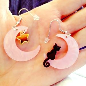 PINK MOON AND BLACK KITTY EARRINGS NEW
